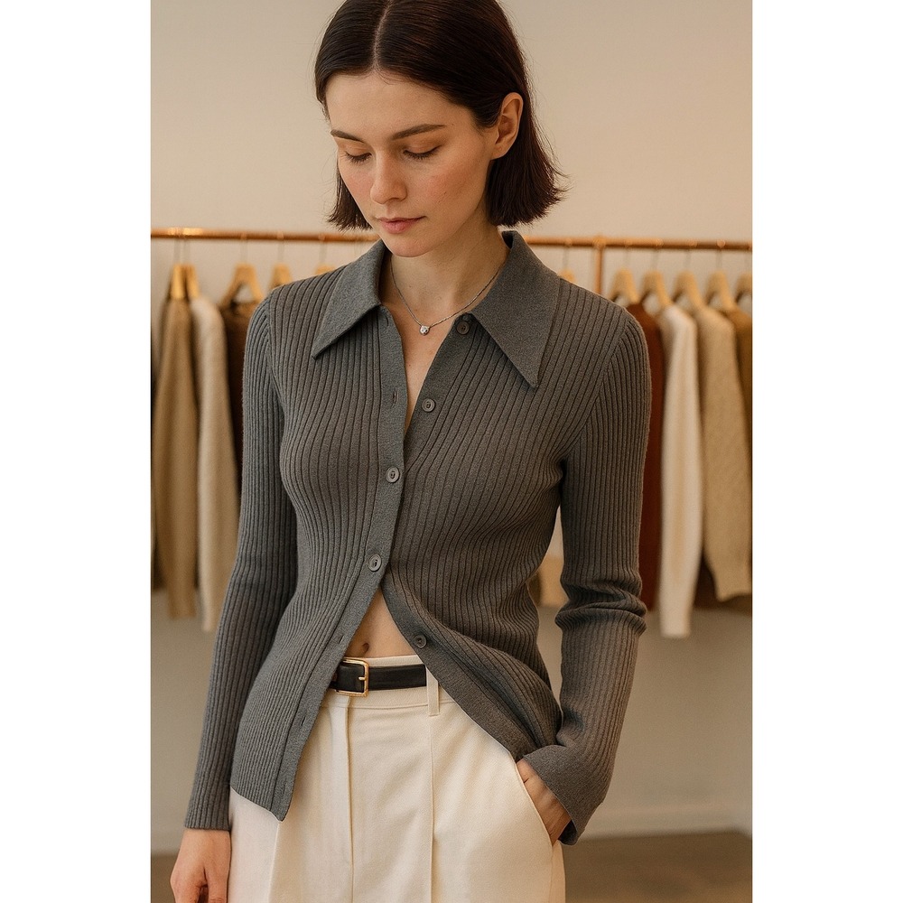 Commense Ribbed Lapel Slim Cardigan Grey‎ size XS